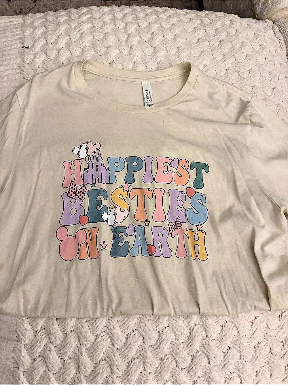Bella + Canvas Graphic Short Sleeve Tee in Cream & Pink happiest besties in Disn